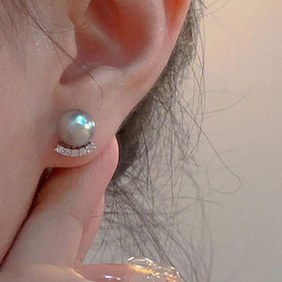 Grey Natural Pearl & Crystal Stud Earrings - Picture 4 of 4